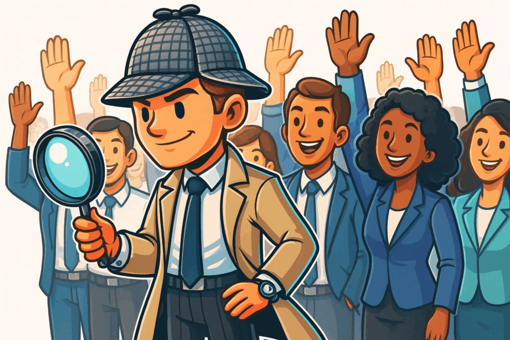 Cartoon-style detective searching for consultants in a crowd of diverse professionals raising their hands to apply for a project